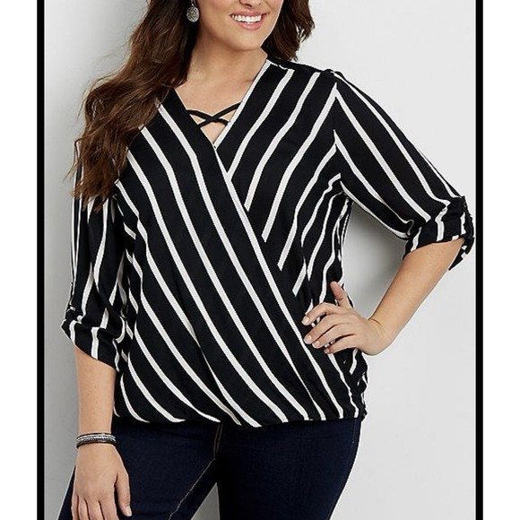 Maurice's Chic XL Black And White Striped 3/4 Sleeve Blouse - Picture 1 of 14